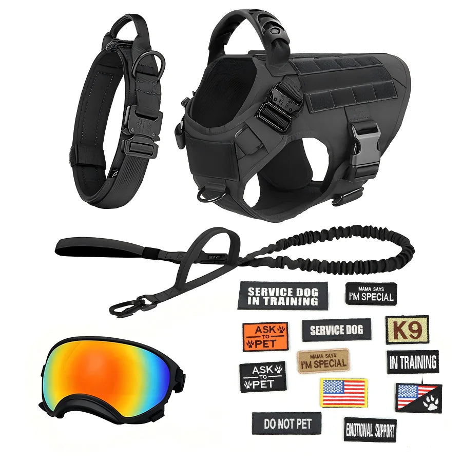Tactical Dog Harness Vest With Collar Leash Velcro Patches And Sunglasses For Medium Large Dogs Adjustable For Outdoor Training Walking Working And Daily Use
