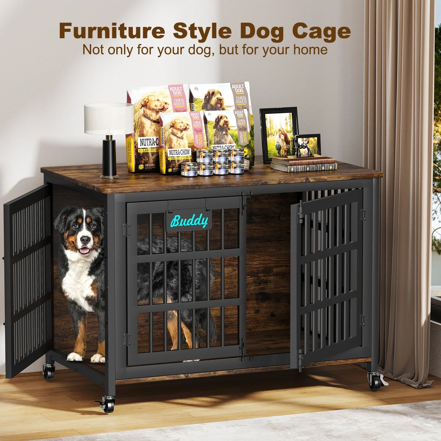 Dog Crate Furniture with Casters,Heavy Duty Dog Kennel Indoor for Large and Medium Dogs,Decorate House as TV Stand,Bedside Table