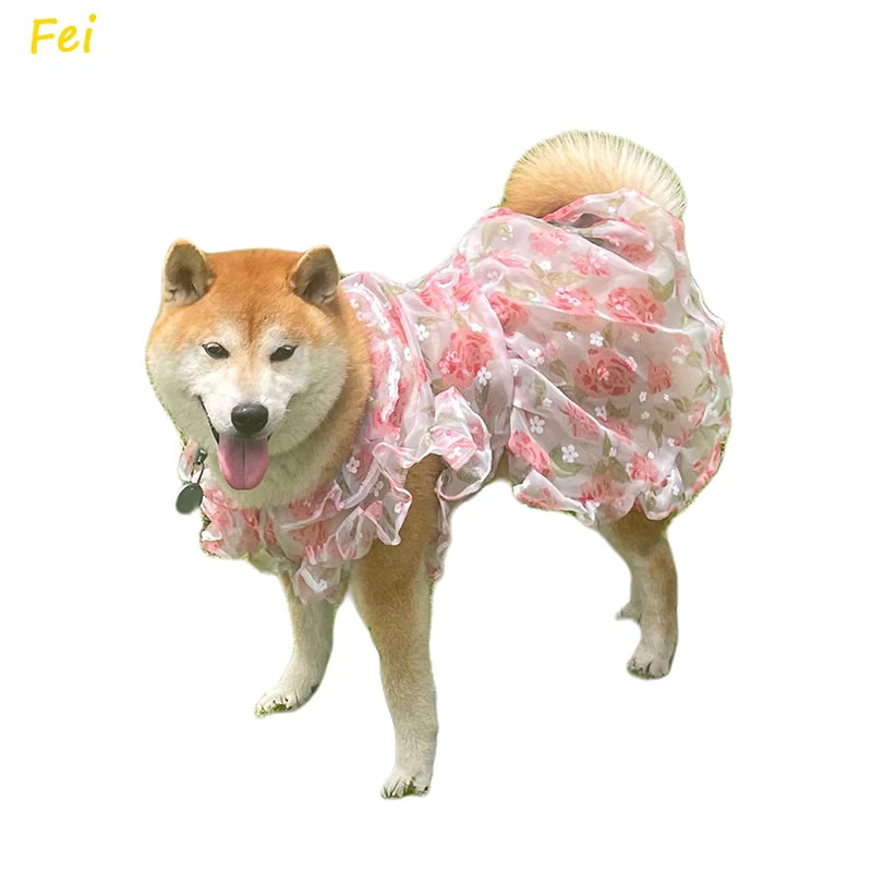Summer Thin Mesh Pet Dog Clothes Fashion Flower Print Pink Princess Dresses For Meium Large Dogs Samoye Golden Retriever Dress