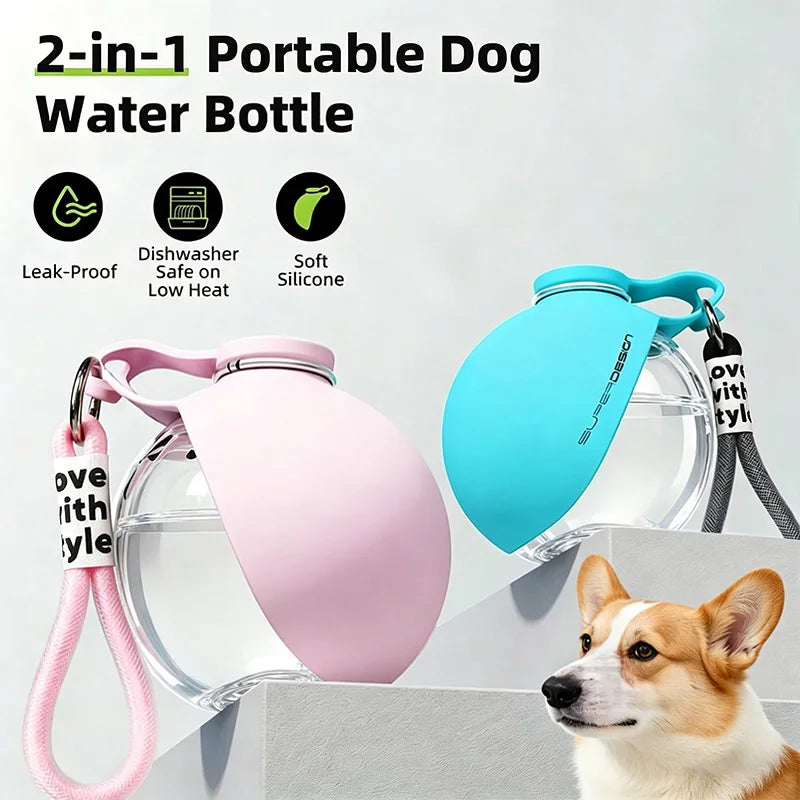 2-in-1 Portable Dog Water Bottle with Lanyard Hook Foldable Silicone Dog Bowl Leak-proof Compact Travel Pet Feeding Bottle