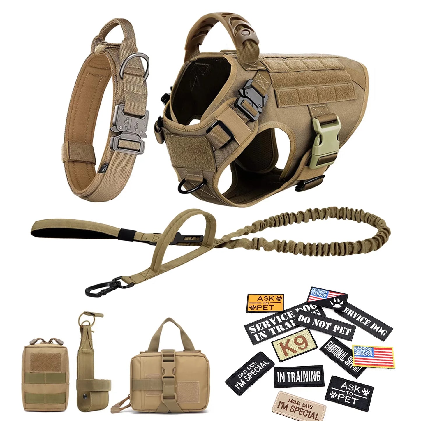 Military Large Dog Harness Collar Leash Bags Patches Set Pet Malinois Training Vests Tactical Dogs Harnesses Accessories
