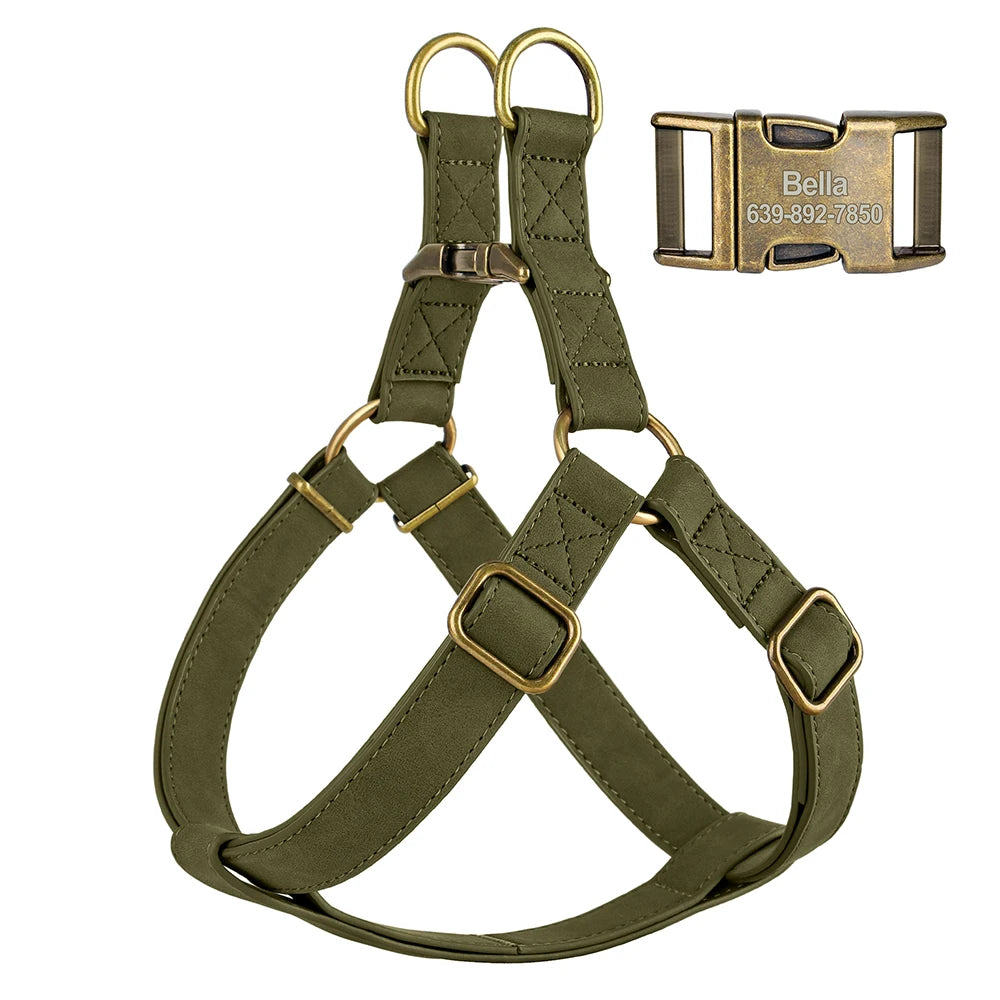 Custom PU Leather Harness And Leash Engraved Dog ID Buckle Harnesses Vest Pet Leading Rope Durable For Small Medium Dogs Bulldog