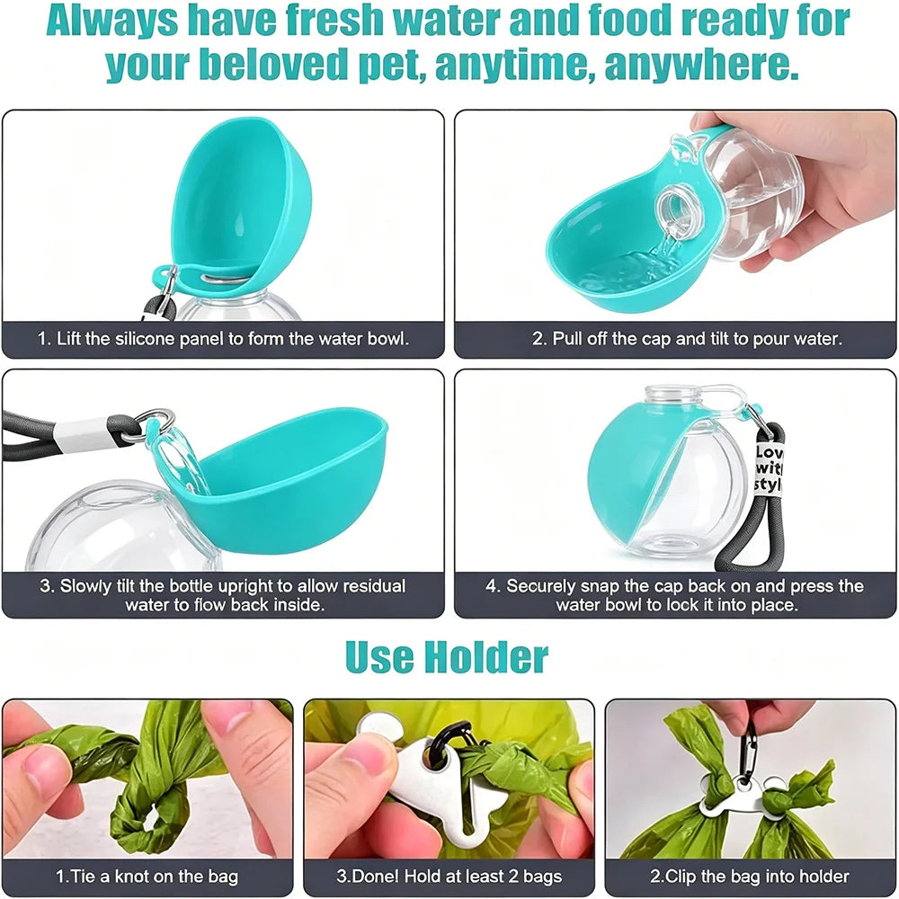 2-in-1 Portable Dog Water Bottle with Lanyard Hook Foldable Silicone Dog Bowl Leak-proof Compact Travel Pet Feeding Bottle