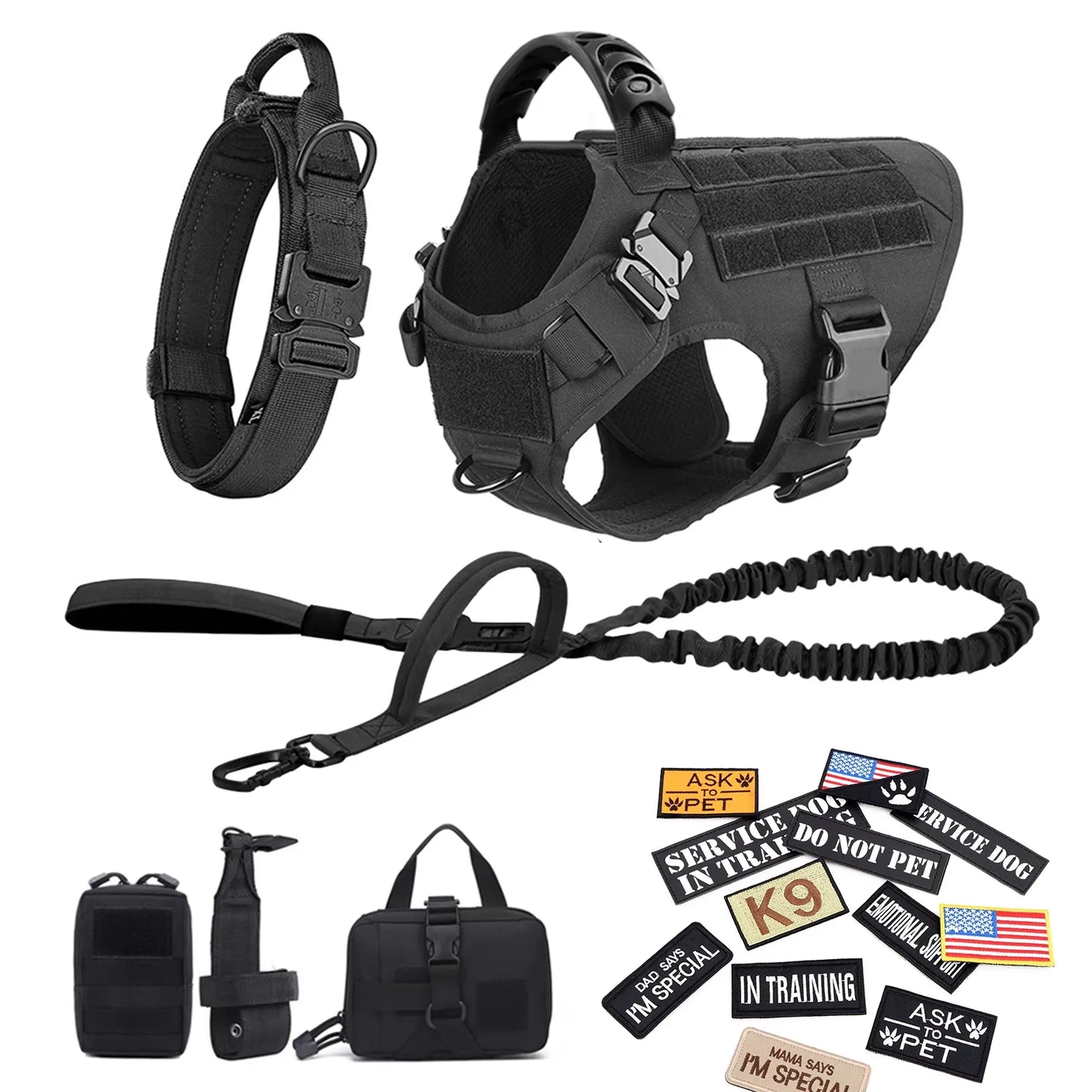 Military Large Dog Harness Collar Leash Bags Patches Set Pet Malinois Training Vests Tactical Dogs Harnesses Accessories