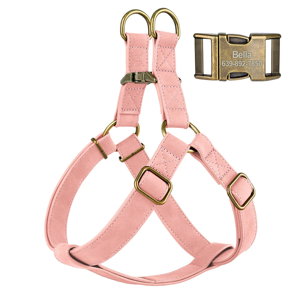 Custom PU Leather Harness And Leash Engraved Dog ID Buckle Harnesses Vest Pet Leading Rope Durable For Small Medium Dogs Bulldog