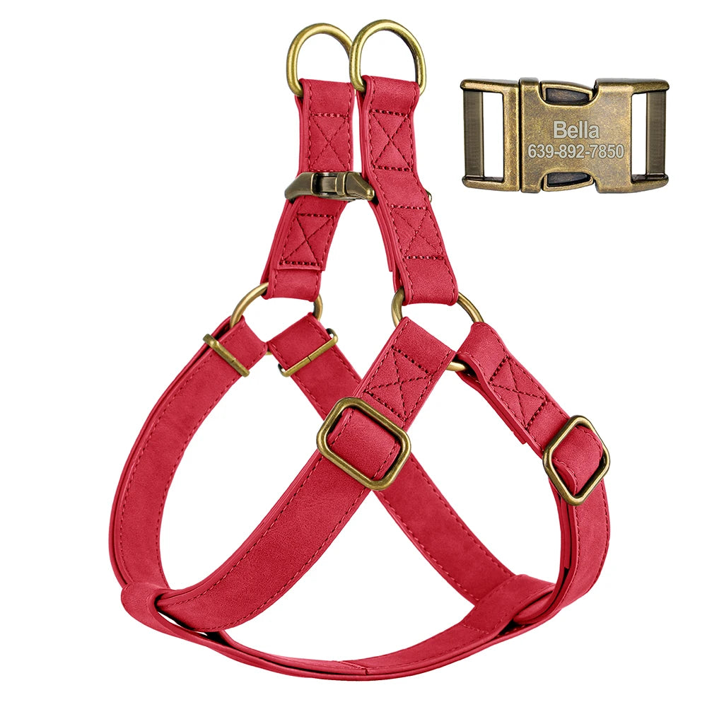 Custom PU Leather Harness And Leash Engraved Dog ID Buckle Harnesses Vest Pet Leading Rope Durable For Small Medium Dogs Bulldog