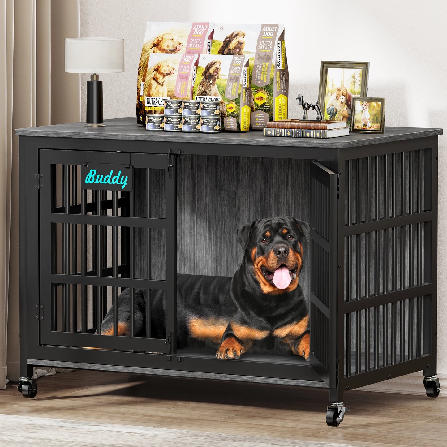 Dog Crate Furniture with Casters,Heavy Duty Dog Kennel Indoor for Large and Medium Dogs,Decorate House as TV Stand,Bedside Table