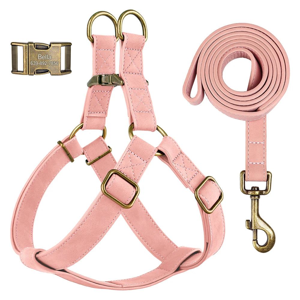 Custom PU Leather Harness And Leash Engraved Dog ID Buckle Harnesses Vest Pet Leading Rope Durable For Small Medium Dogs Bulldog