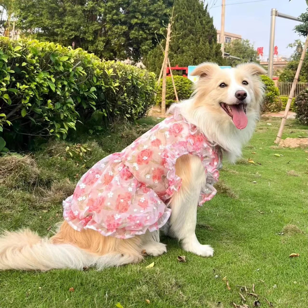 Summer Thin Mesh Pet Dog Clothes Fashion Flower Print Pink Princess Dresses For Meium Large Dogs Samoye Golden Retriever Dress