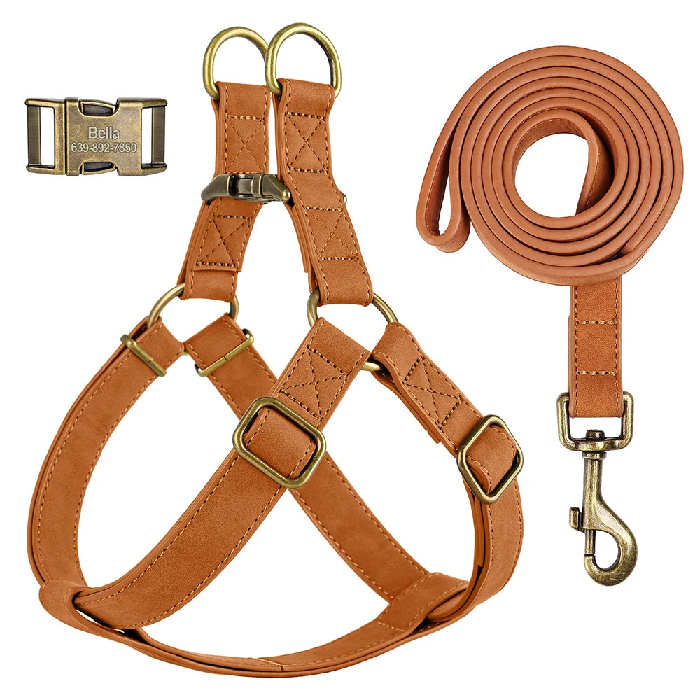 Custom PU Leather Harness And Leash Engraved Dog ID Buckle Harnesses Vest Pet Leading Rope Durable For Small Medium Dogs Bulldog