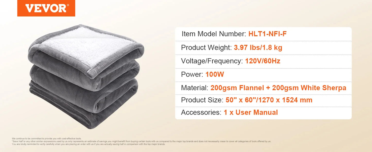SucceBuy Heated Blanket Electric Throw 4 Sizes Soft Flannel & Sherpa Heating Blanket with 3 Hours Timer Auto-off 5 Heating Level