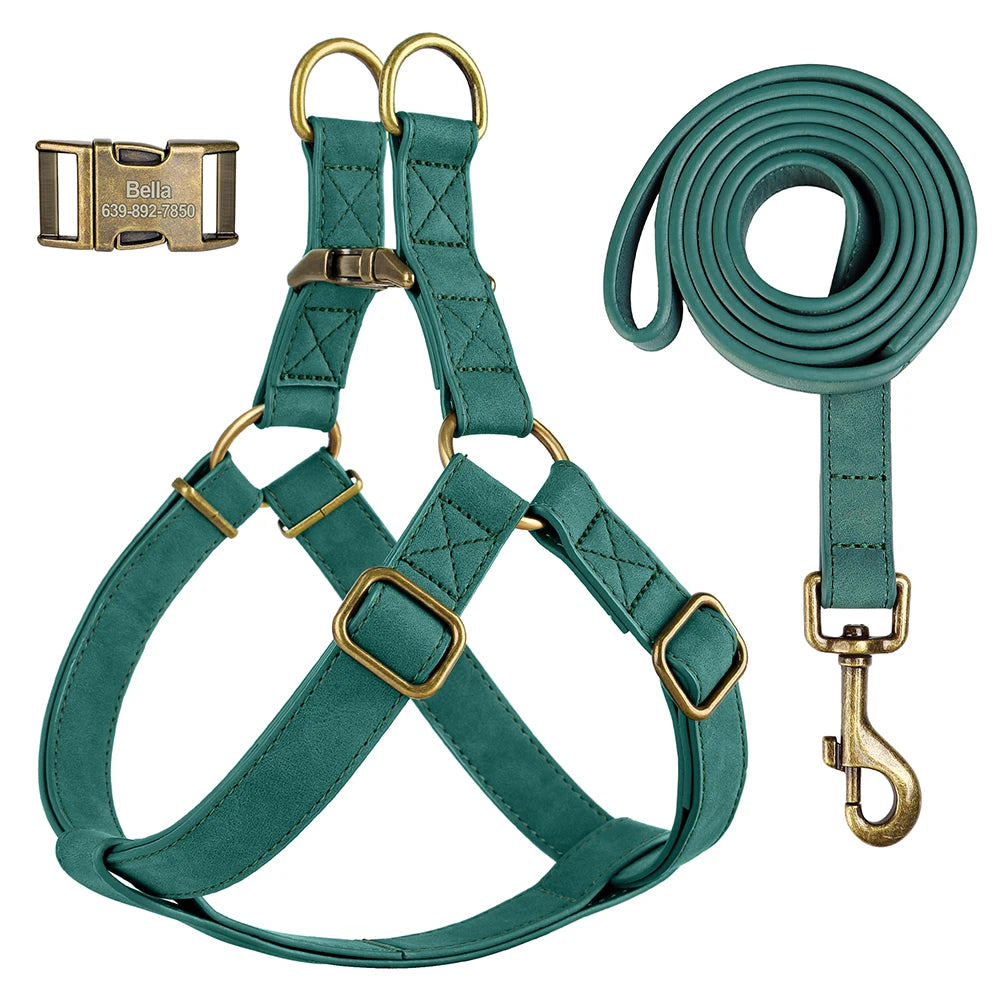 Custom PU Leather Harness And Leash Engraved Dog ID Buckle Harnesses Vest Pet Leading Rope Durable For Small Medium Dogs Bulldog