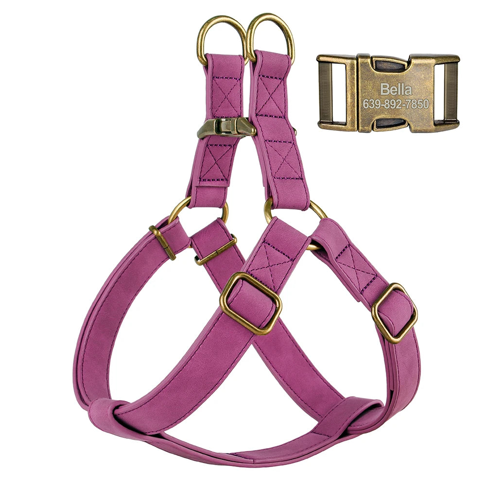 Custom PU Leather Harness And Leash Engraved Dog ID Buckle Harnesses Vest Pet Leading Rope Durable For Small Medium Dogs Bulldog