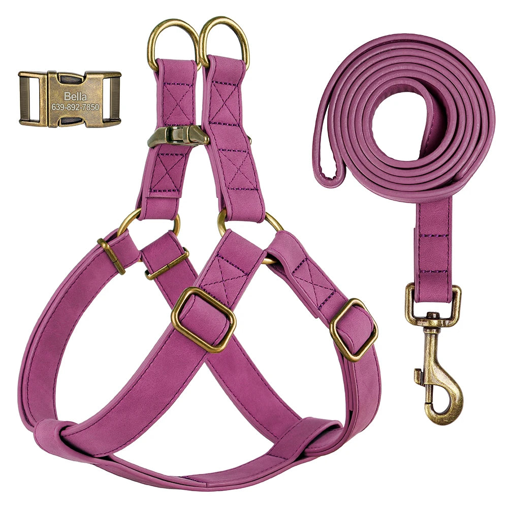 Custom PU Leather Harness And Leash Engraved Dog ID Buckle Harnesses Vest Pet Leading Rope Durable For Small Medium Dogs Bulldog