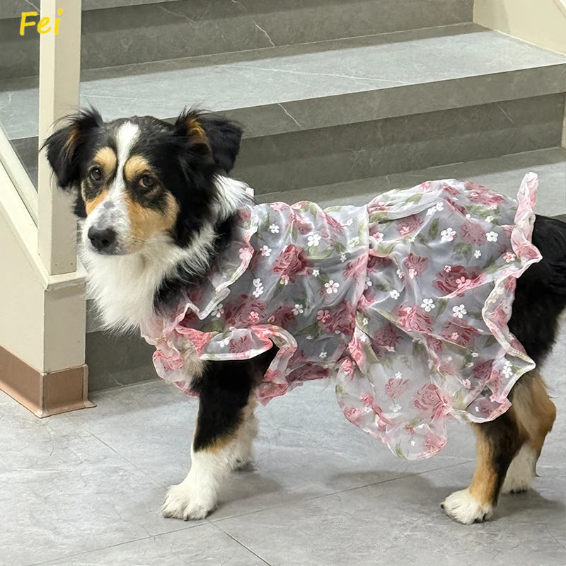 Summer Thin Mesh Pet Dog Clothes Fashion Flower Print Pink Princess Dresses For Meium Large Dogs Samoye Golden Retriever Dress