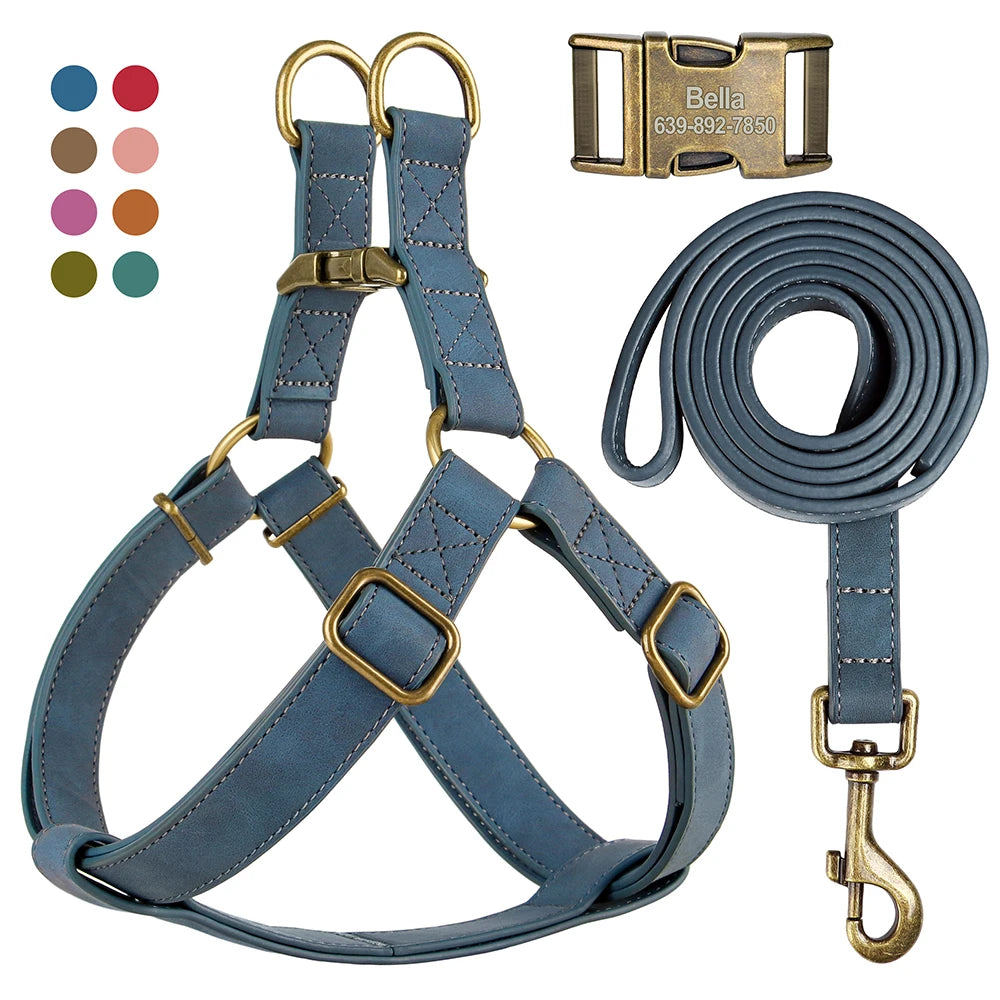 Custom PU Leather Harness And Leash Engraved Dog ID Buckle Harnesses Vest Pet Leading Rope Durable For Small Medium Dogs Bulldog