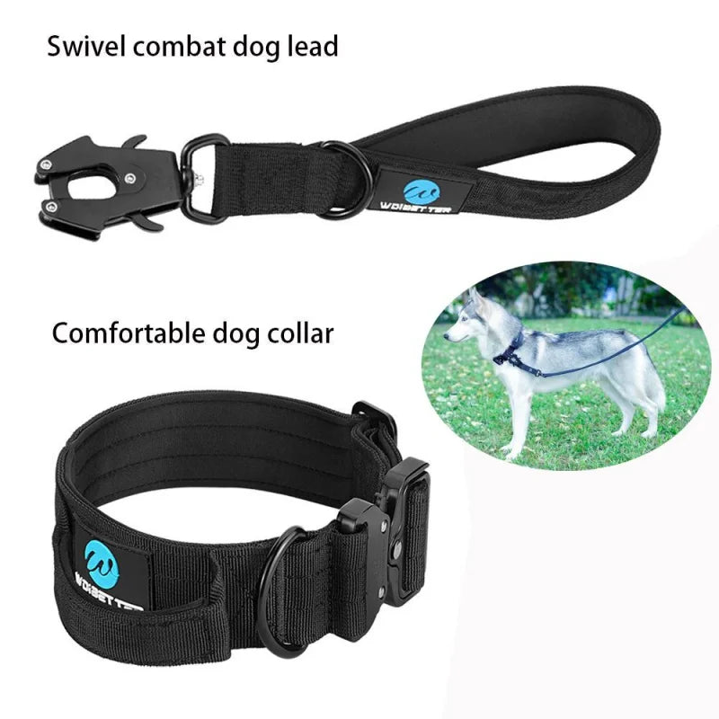Leash Tactical Dog Collar, Military Adjustable Durable Training Nylon Shepard Metal Buckle Pet Large Dog Harness Set Pet Dog