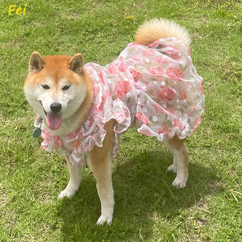 Summer Thin Mesh Pet Dog Clothes Fashion Flower Print Pink Princess Dresses For Meium Large Dogs Samoye Golden Retriever Dress
