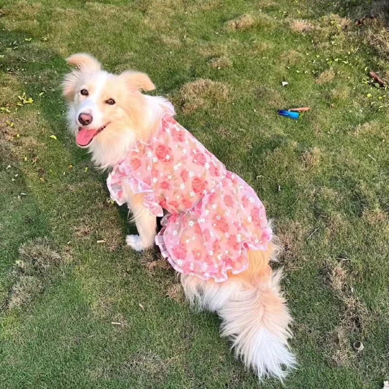 Summer Thin Mesh Pet Dog Clothes Fashion Flower Print Pink Princess Dresses For Meium Large Dogs Samoye Golden Retriever Dress