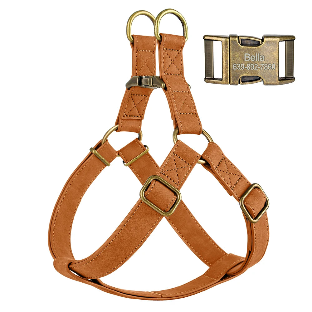 Custom PU Leather Harness And Leash Engraved Dog ID Buckle Harnesses Vest Pet Leading Rope Durable For Small Medium Dogs Bulldog