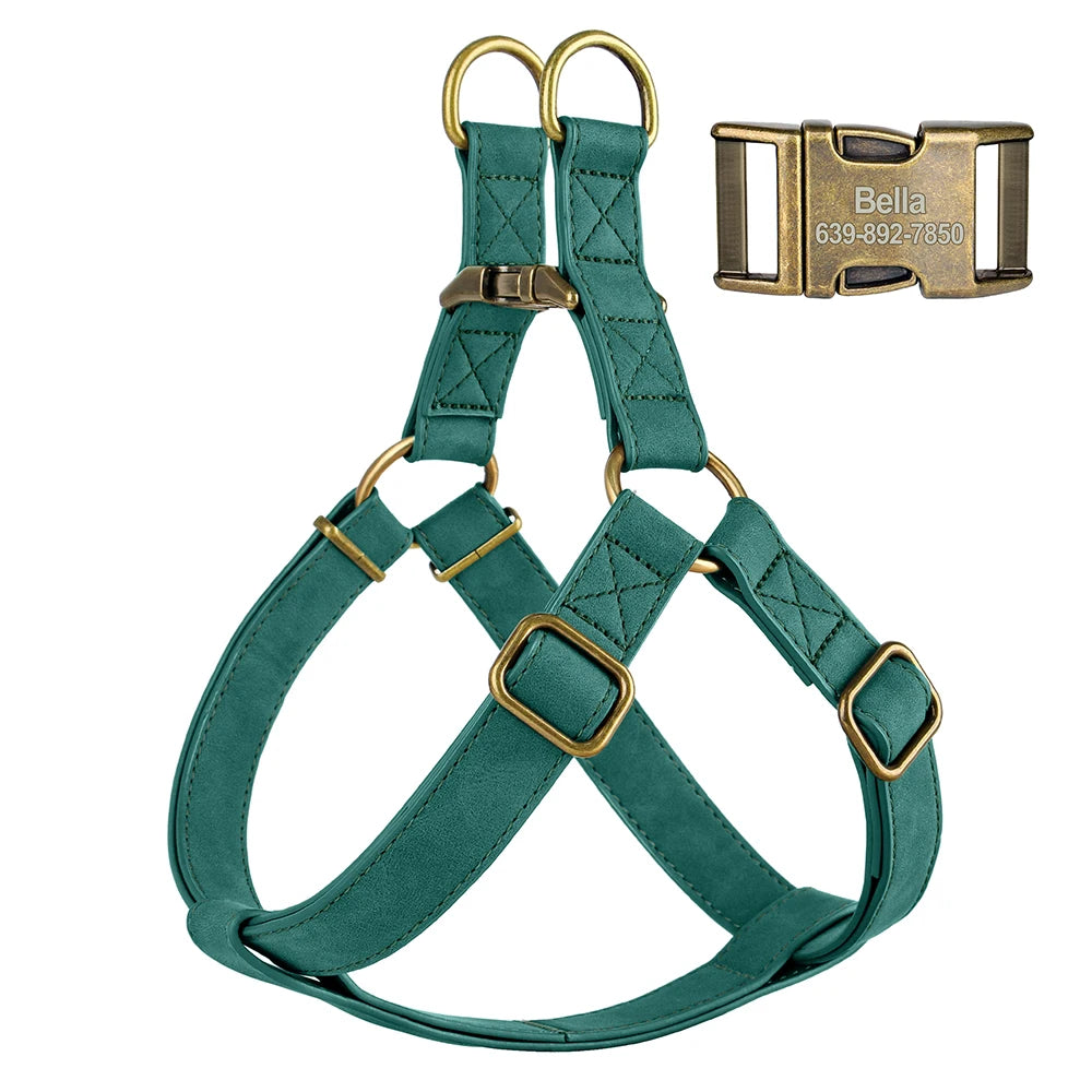 Custom PU Leather Harness And Leash Engraved Dog ID Buckle Harnesses Vest Pet Leading Rope Durable For Small Medium Dogs Bulldog