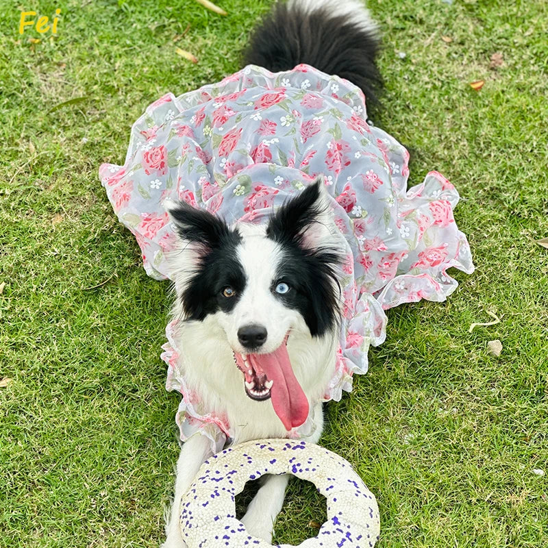 Summer Thin Mesh Pet Dog Clothes Fashion Flower Print Pink Princess Dresses For Meium Large Dogs Samoye Golden Retriever Dress