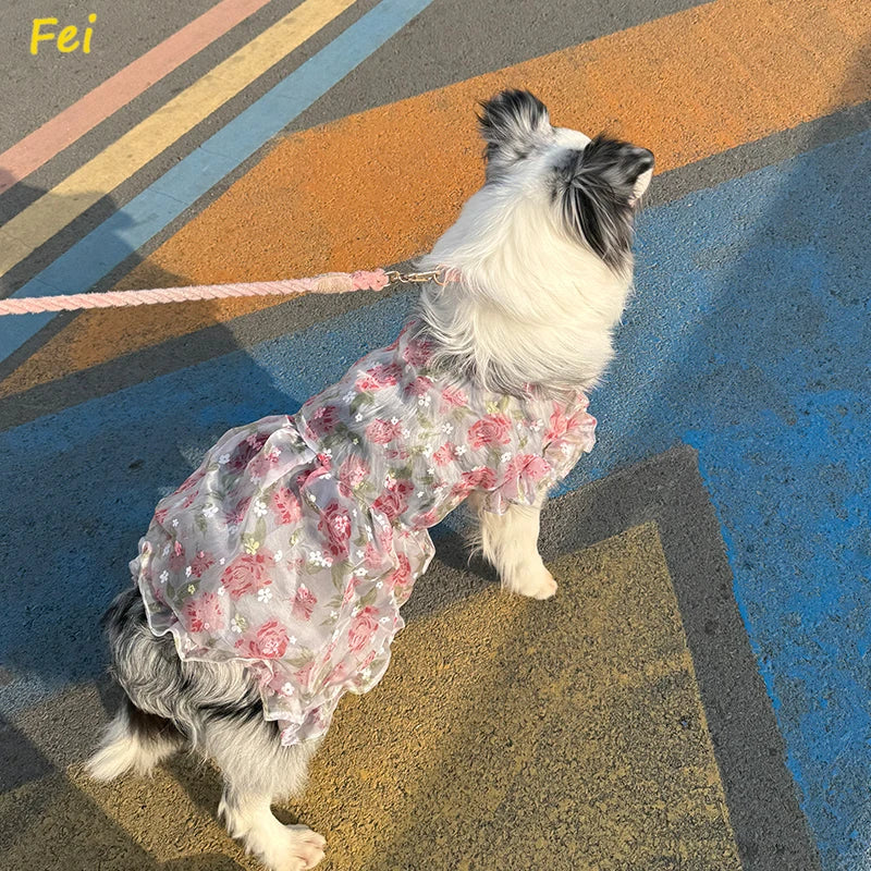Summer Thin Mesh Pet Dog Clothes Fashion Flower Print Pink Princess Dresses For Meium Large Dogs Samoye Golden Retriever Dress